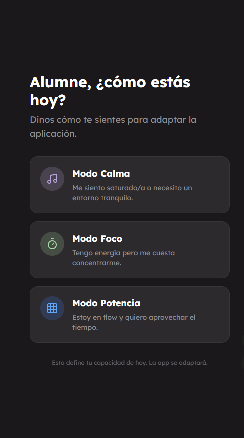 Check-in diario: ¿cómo estás hoy? con modos Calma, Foco, Potencia y Todo Bien