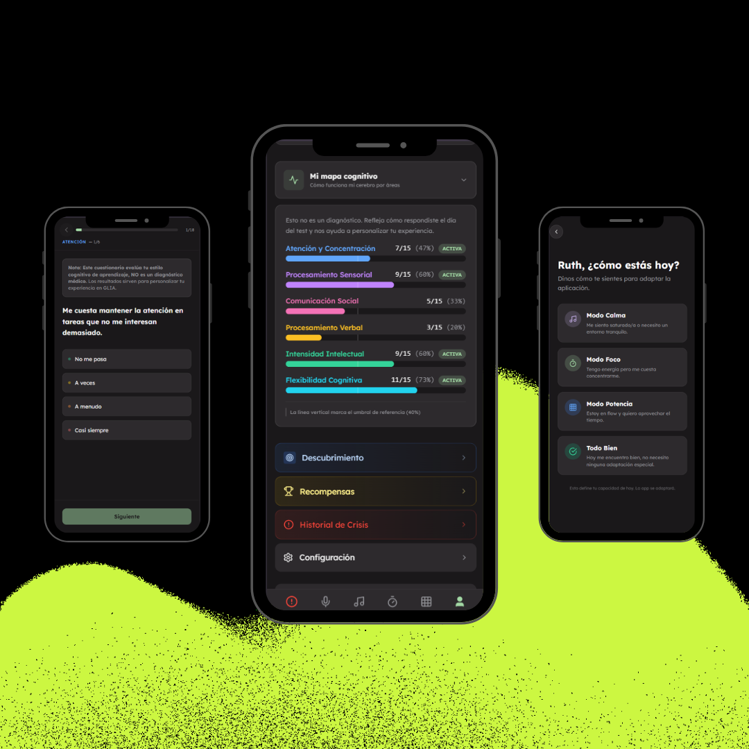 Tres móviles mostrando GLIA: test cognitivo, mapa cognitivo y check-in diario