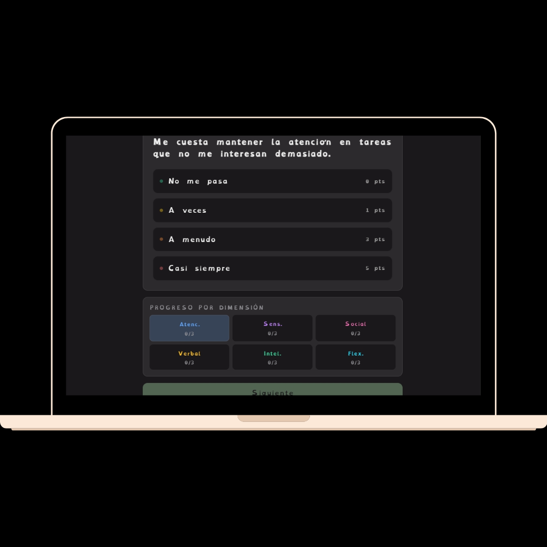 Pregunta 1 de 18 del test cognitivo: Atención y función ejecutiva, escala Likert y progreso en seis dimensiones